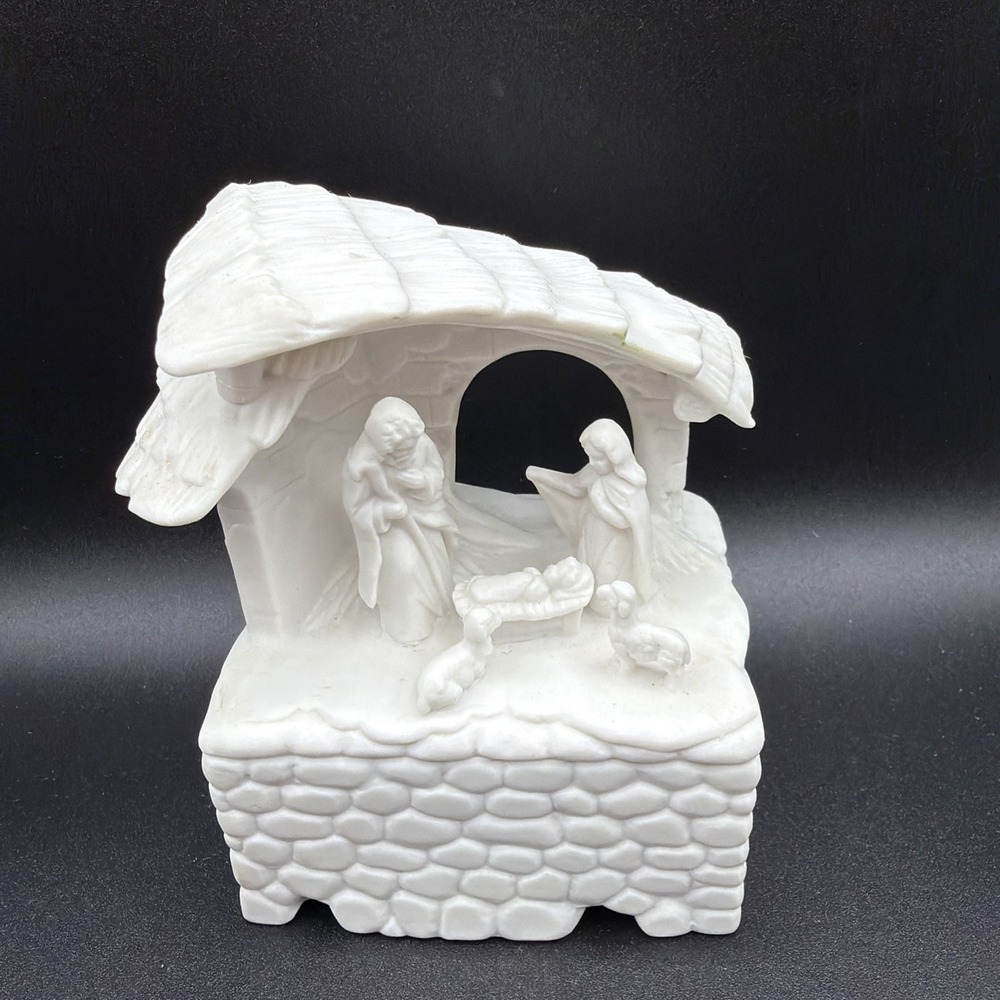 VTG Schmid Porcelain Nativity Bisque Mary Joseph Jesus Music Box SILENT NIGHT